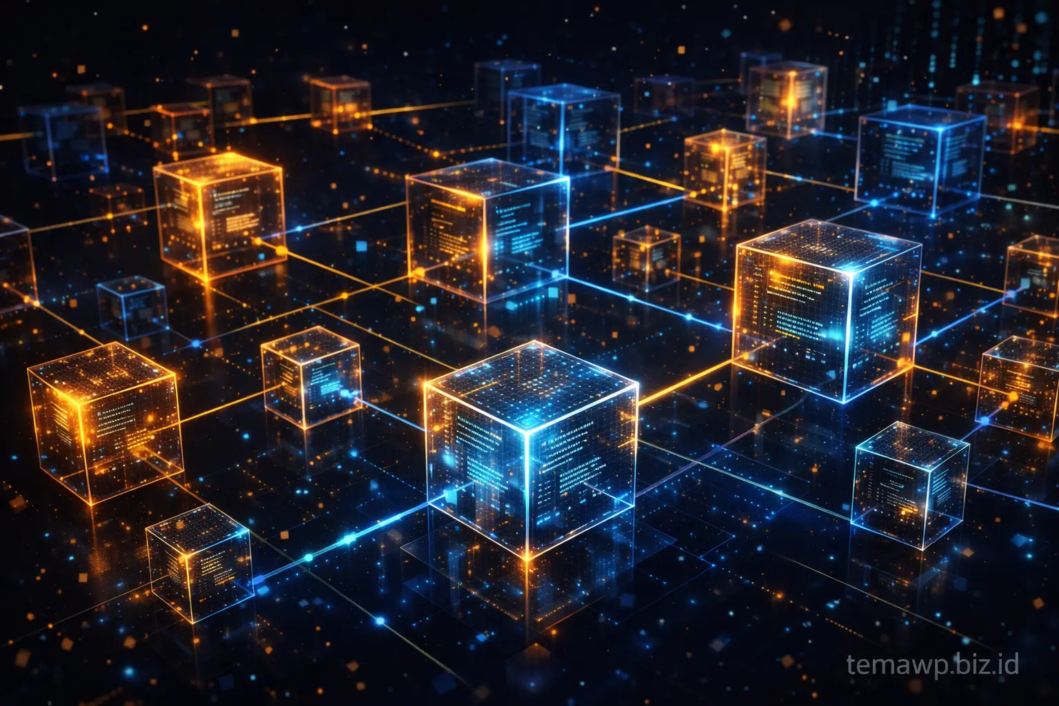Visualisasi jaringan blockchain dengan blok data yang saling terhubung