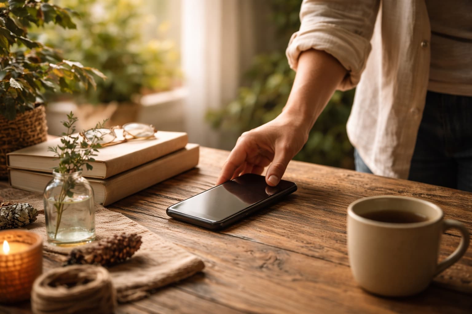 Seseorang meletakkan ponsel menghadap bawah dikelilingi tanaman dan buku sebagai simbol digital detox