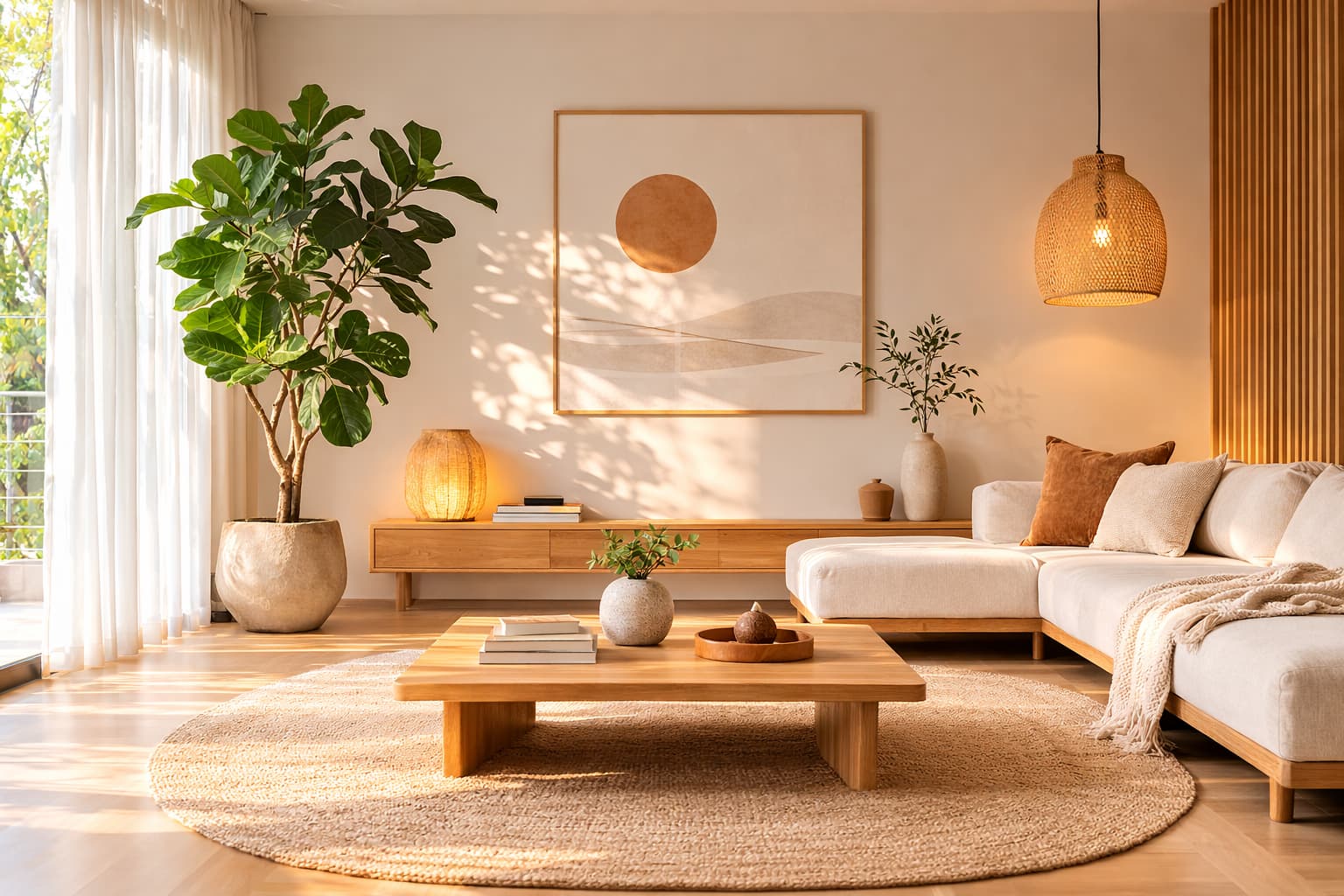 Ruang tamu minimalis bergaya Japandi dengan furnitur sederhana dan cahaya alami