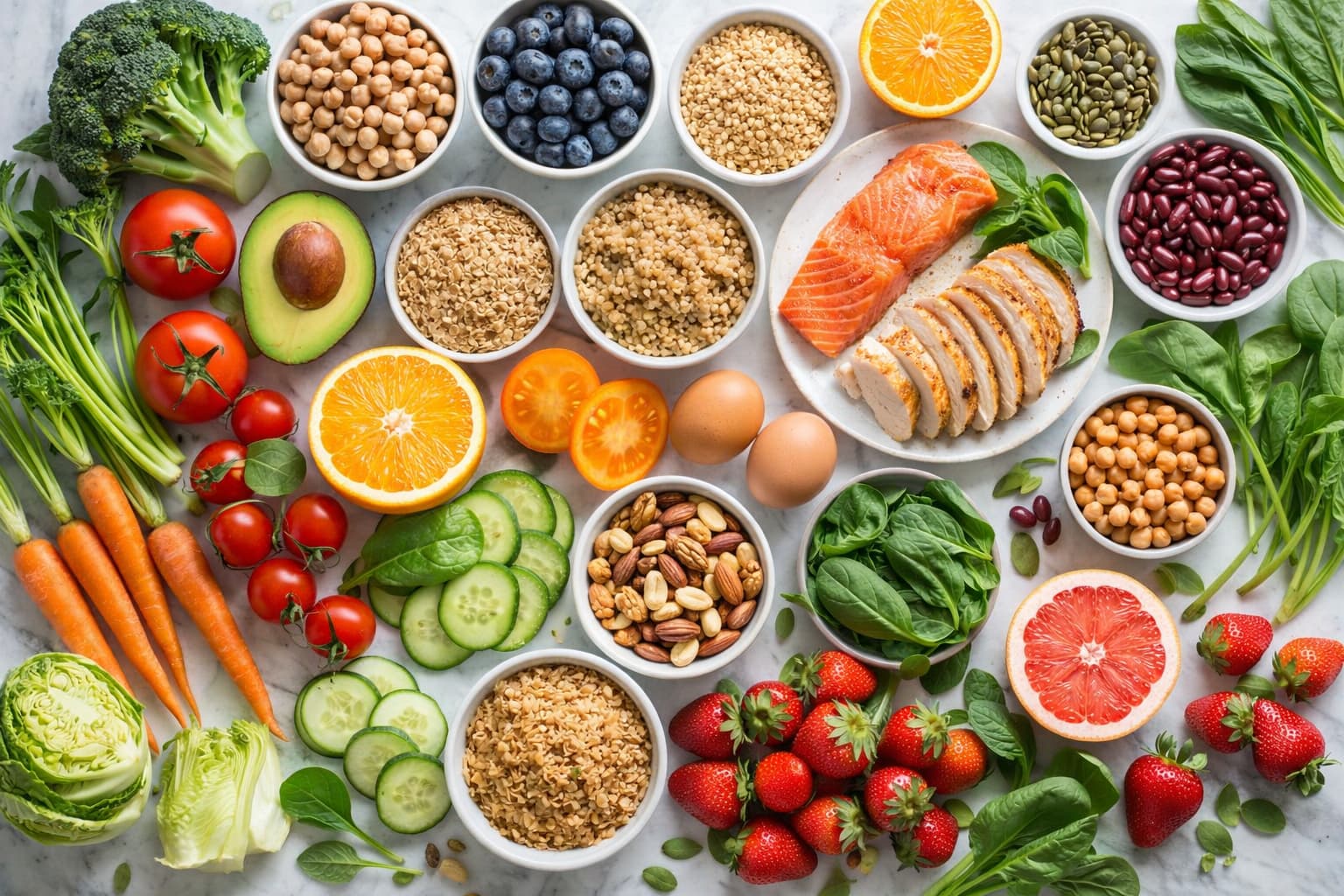 Tampilan flat lay makanan sehat dan bergizi berwarna-warni di atas meja putih