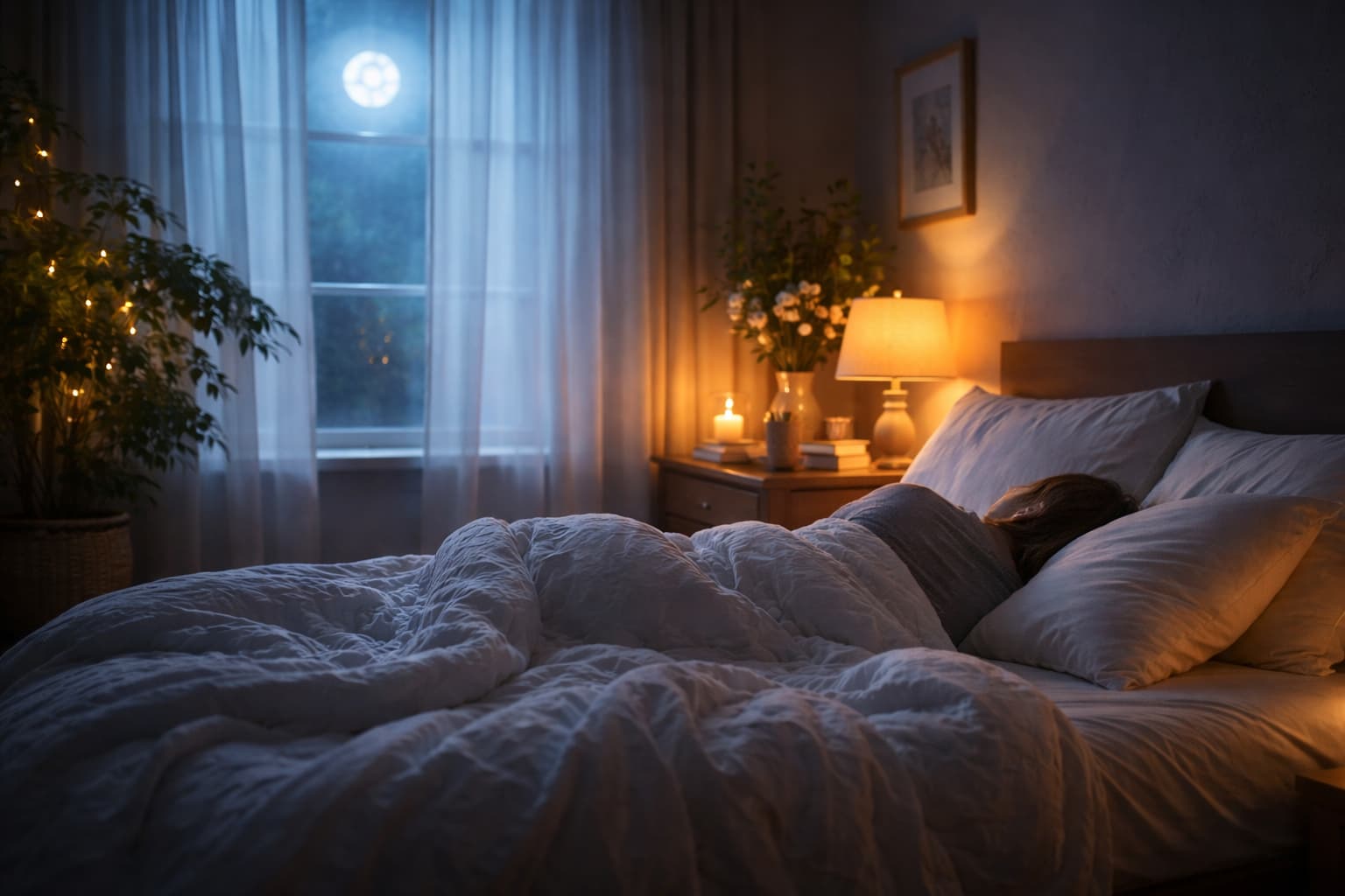 Kamar tidur yang nyaman dengan cahaya bulan, menggambarkan tidur berkualitas