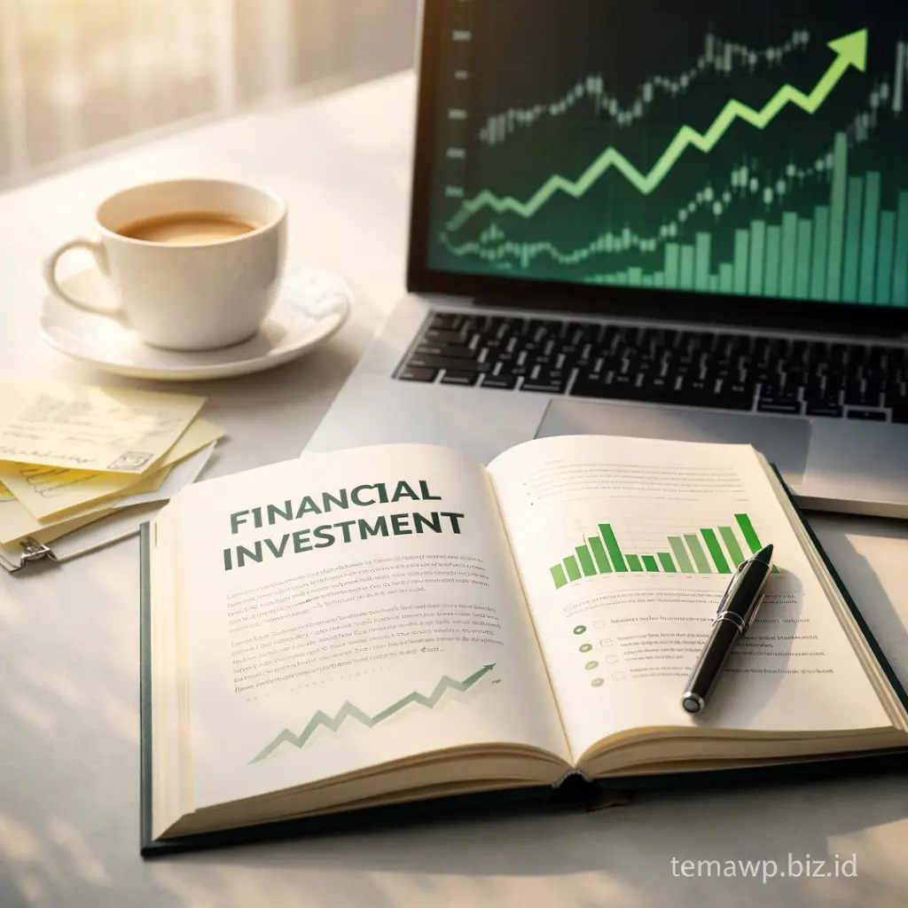 Buku panduan investasi saham terbuka dengan grafik saham dan kopi di meja kerja