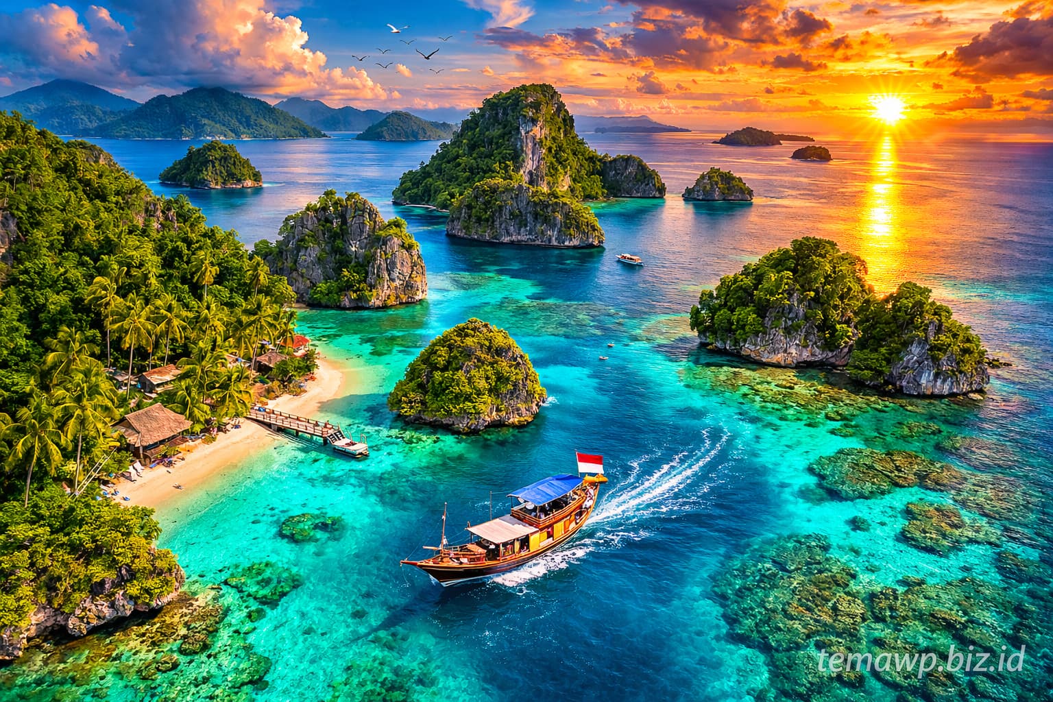 Pemandangan udara Raja Ampat Papua dengan air biru jernih dan pulau-pulau hijau yang memukau