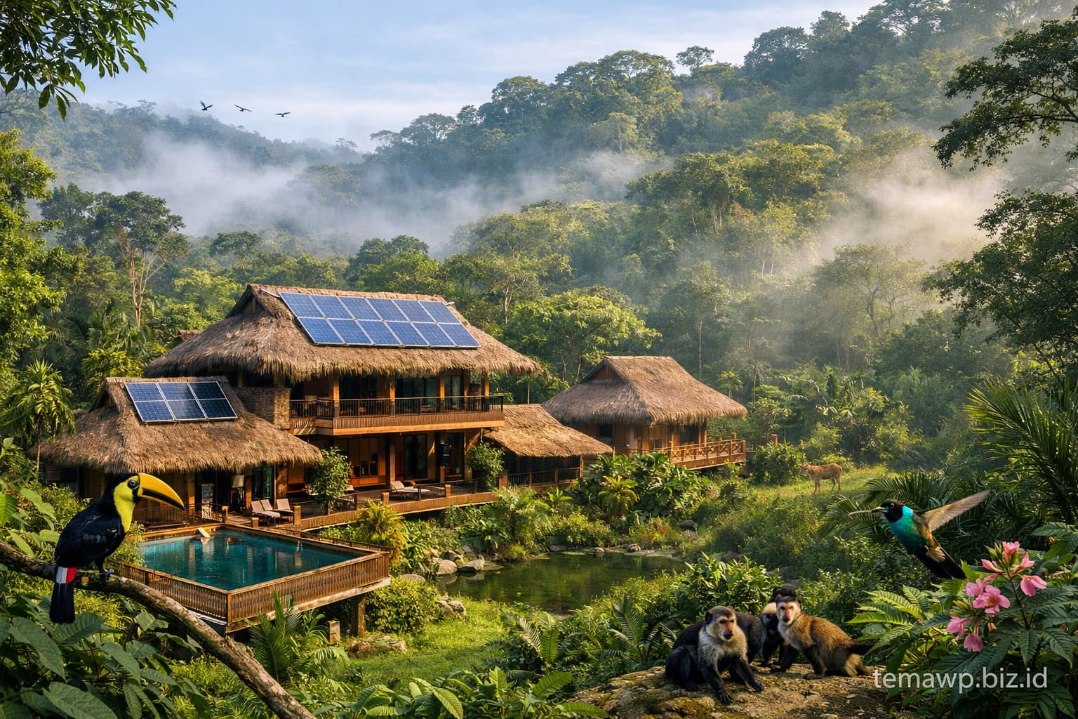 Eco-lodge ramah lingkungan di tengah hutan hujan tropis yang lestari