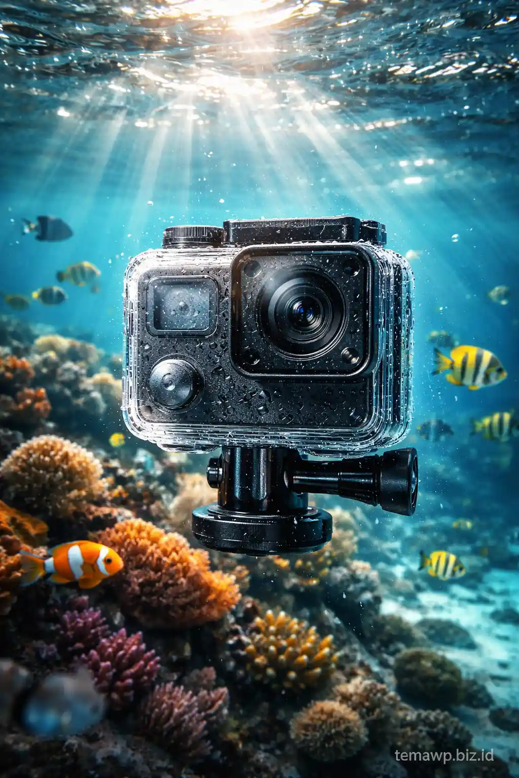 Action camera 4K waterproof di bawah air dengan percikan air dan latar alam
