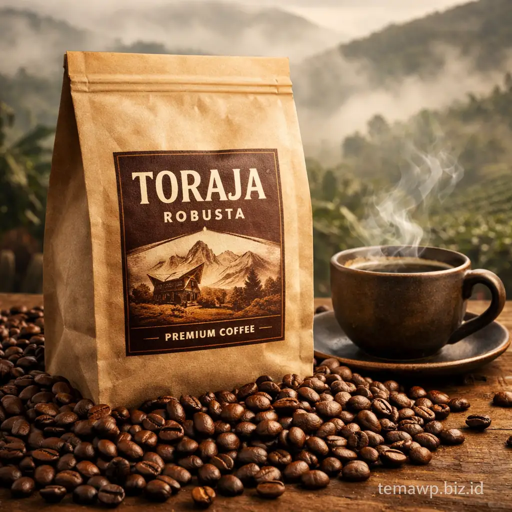 Biji kopi robusta Toraja segar di atas latar kebun kopi pegunungan Sulawesi