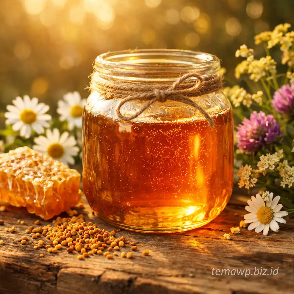 Botol madu hutan murni premium dengan latar bunga liar dan sarang lebah alami