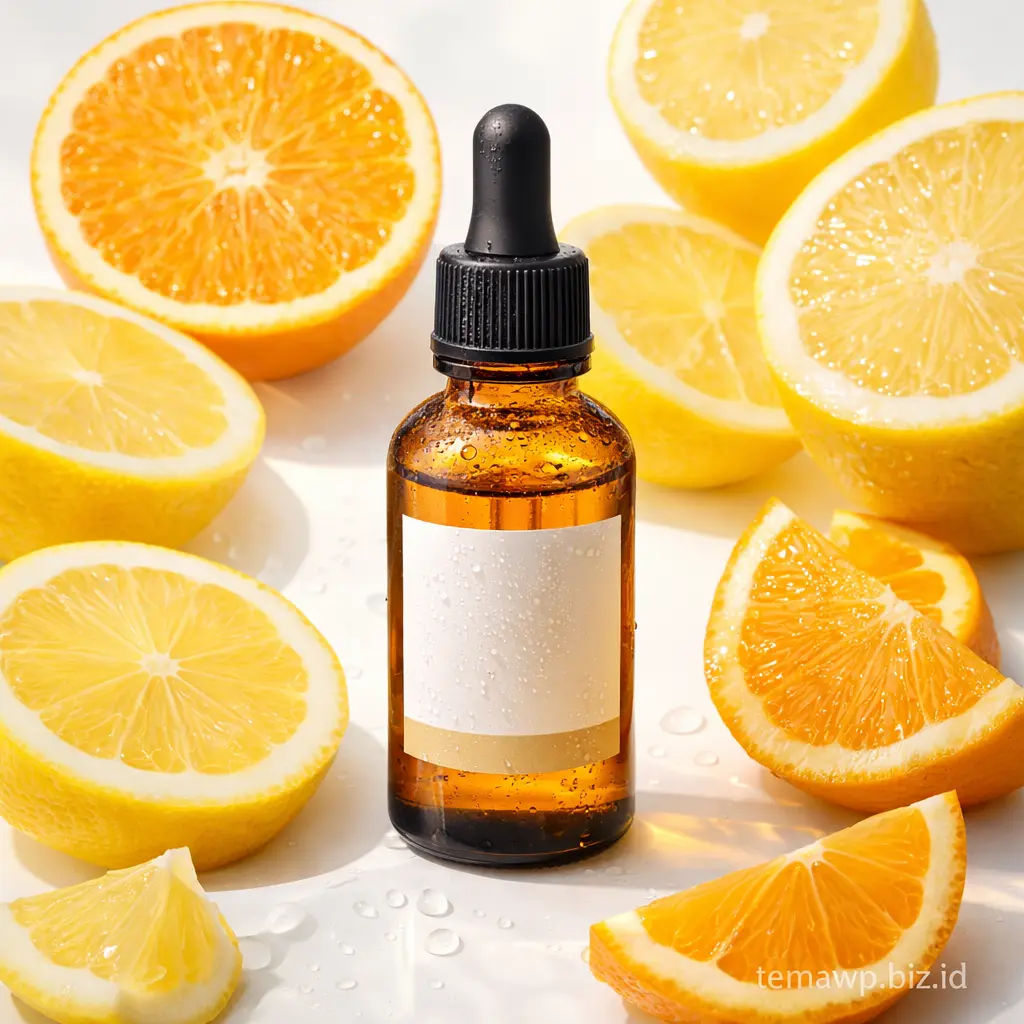 Botol serum vitamin C dengan tampilan bersih dan elegan di latar putih minimalis