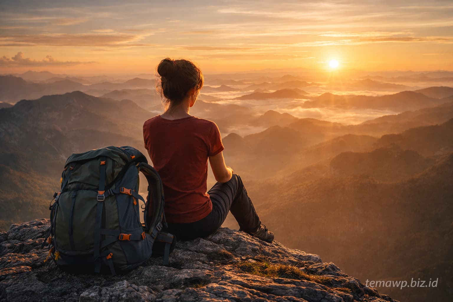 Wisatawan solo perempuan duduk di puncak gunung menghadap pemandangan matahari terbit yang indah
