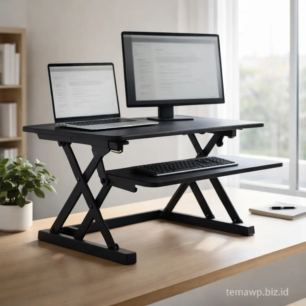 Standing desk converter hitam matte di meja kerja modern dengan laptop dan monitor