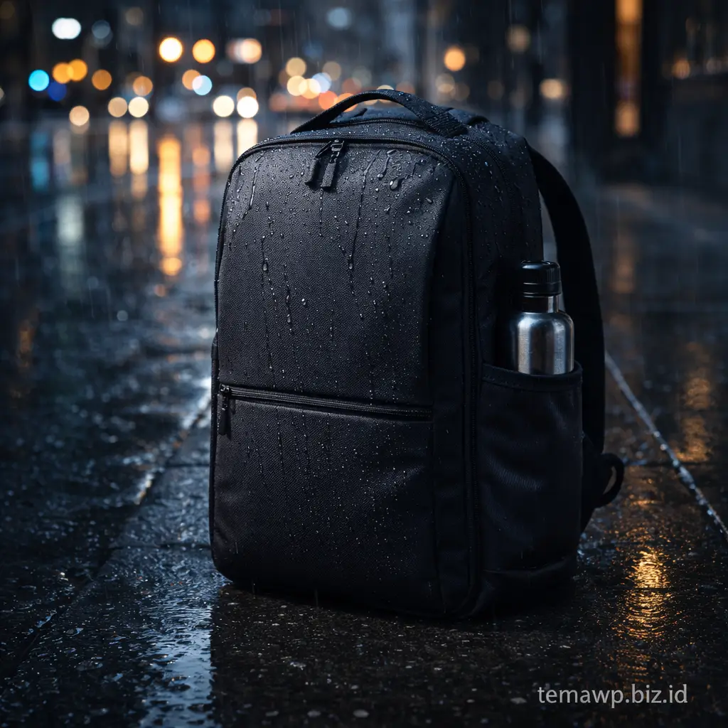 Tas ransel hitam anti-air modern dengan detail premium di latar urban