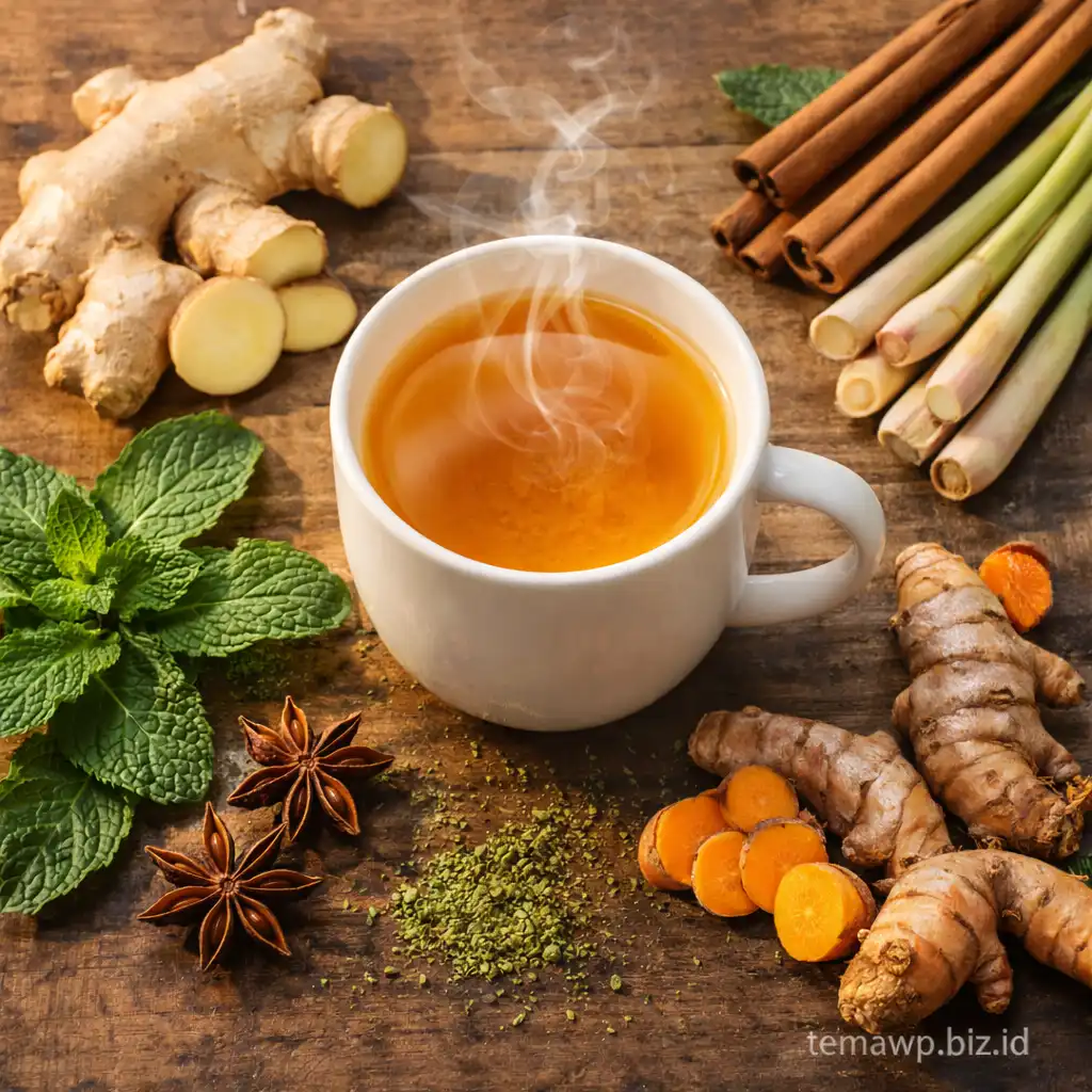 Teh herbal detox dalam cangkir keramik putih dengan rempah-rempah nusantara segar