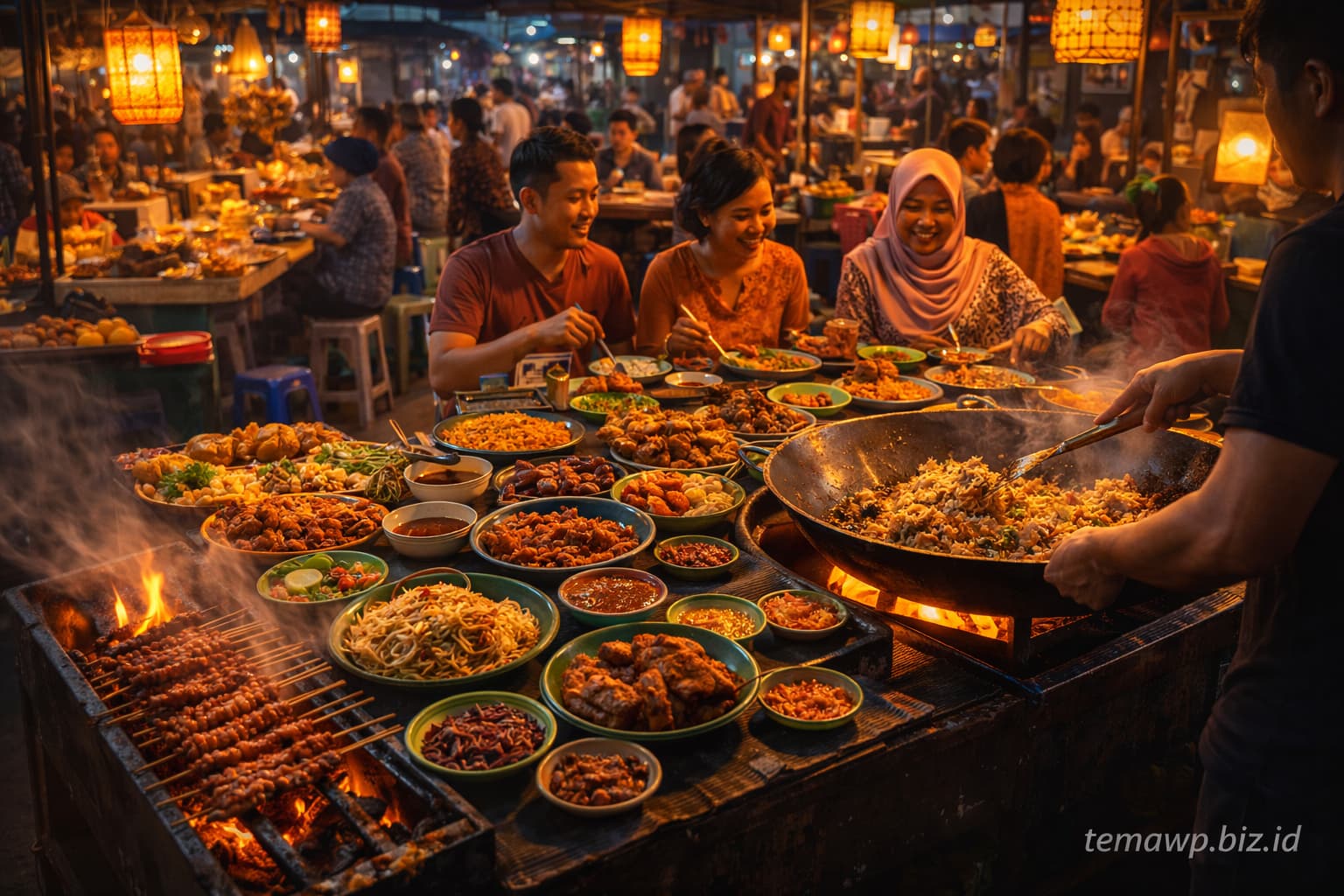 Ragam jajanan kuliner Indonesia di pasar malam yang meriah dengan pedagang dan pengunjung