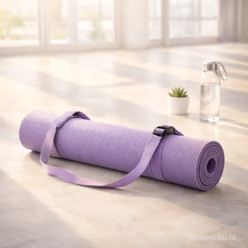 Yoga mat ungu premium digulung dengan tali di lantai studio yoga yang terang